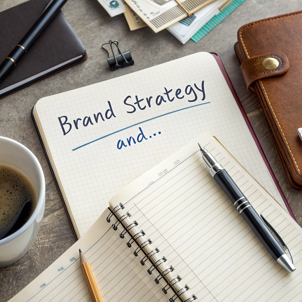 A notebook reading Brand Strategy beside a coffee cup and pen