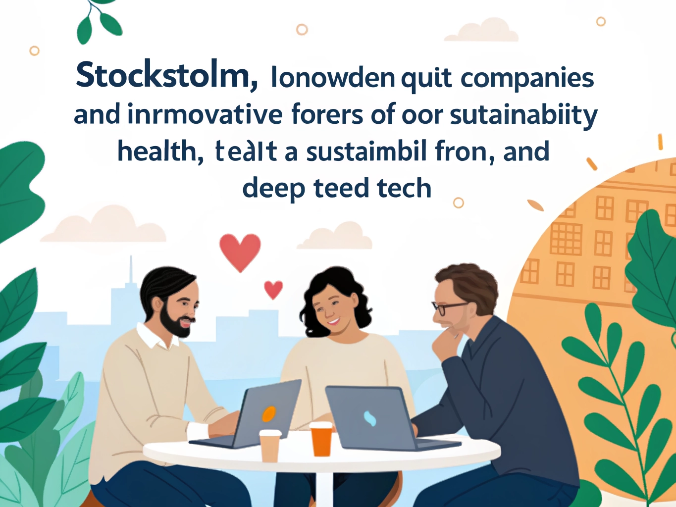 Illustration of three people working on laptops with a heart symbol above them