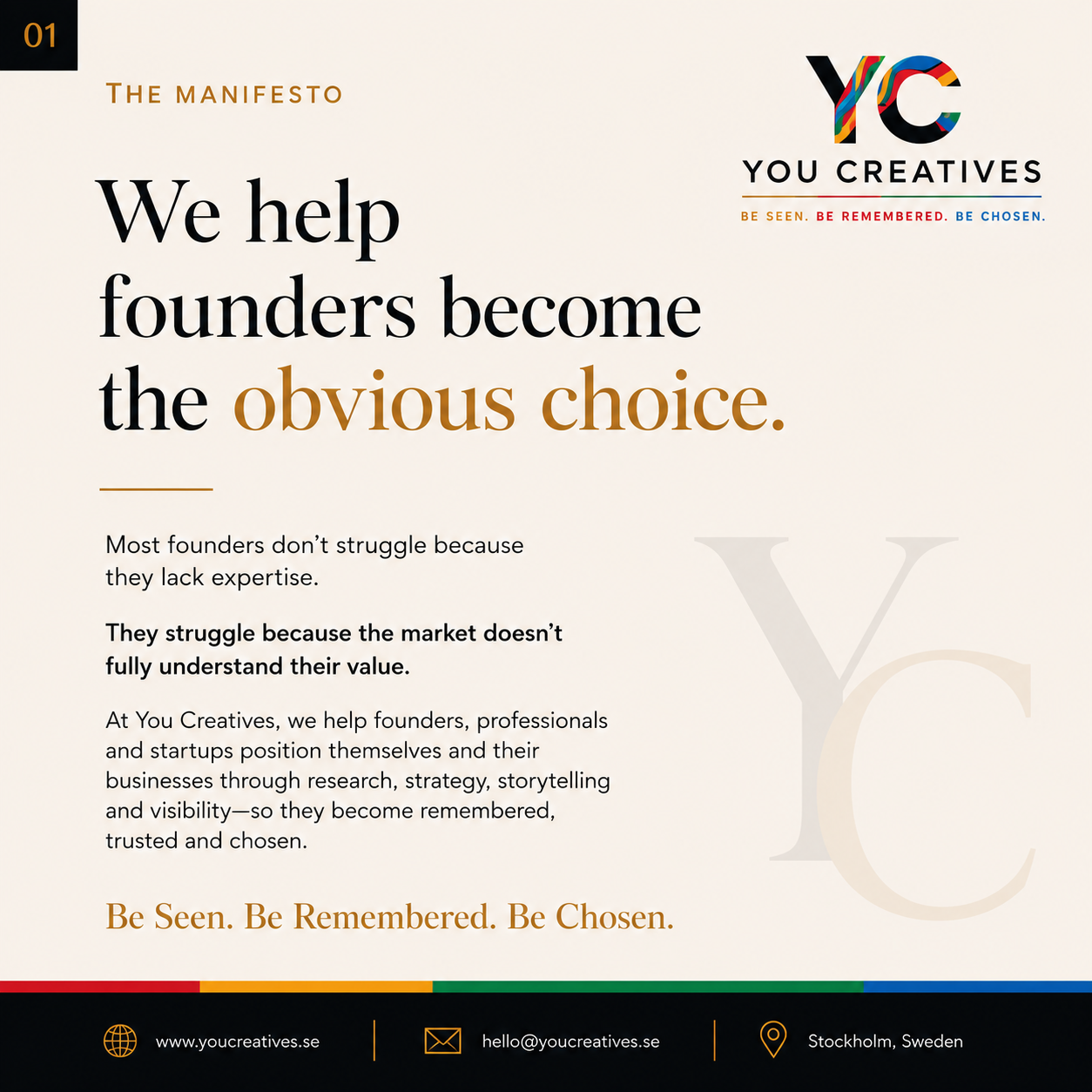 You Creatives manifesto card: we help founders become the obvious choice