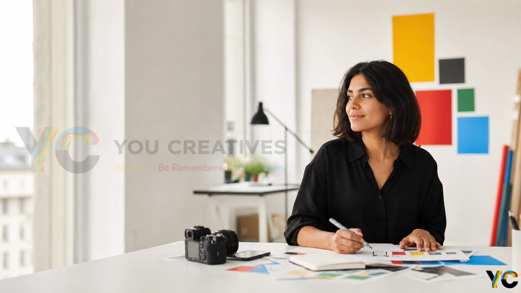 Creative director planning a brand shoot at a desk with colour cards and a camera