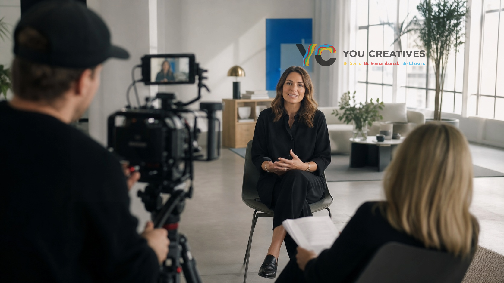 Camera crew filming a founder interview in a bright studio