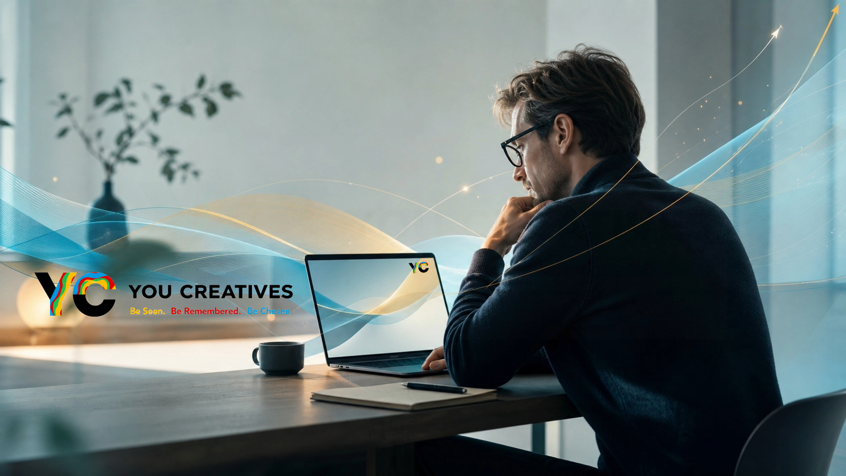 Founder working on a laptop while planning a content strategy