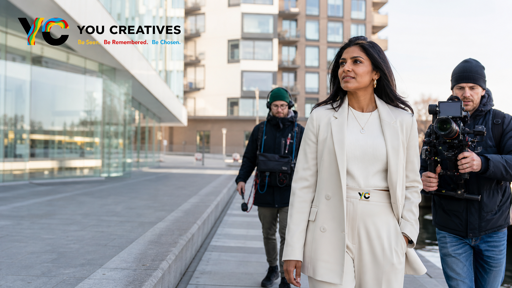 Founder walking outdoors in Stockholm while being filmed by a camera crew