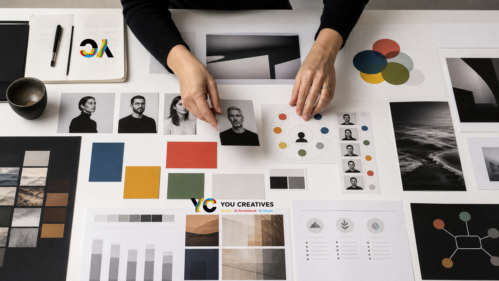 Flat lay of brand identity materials, colour swatches and portrait selects on a desk