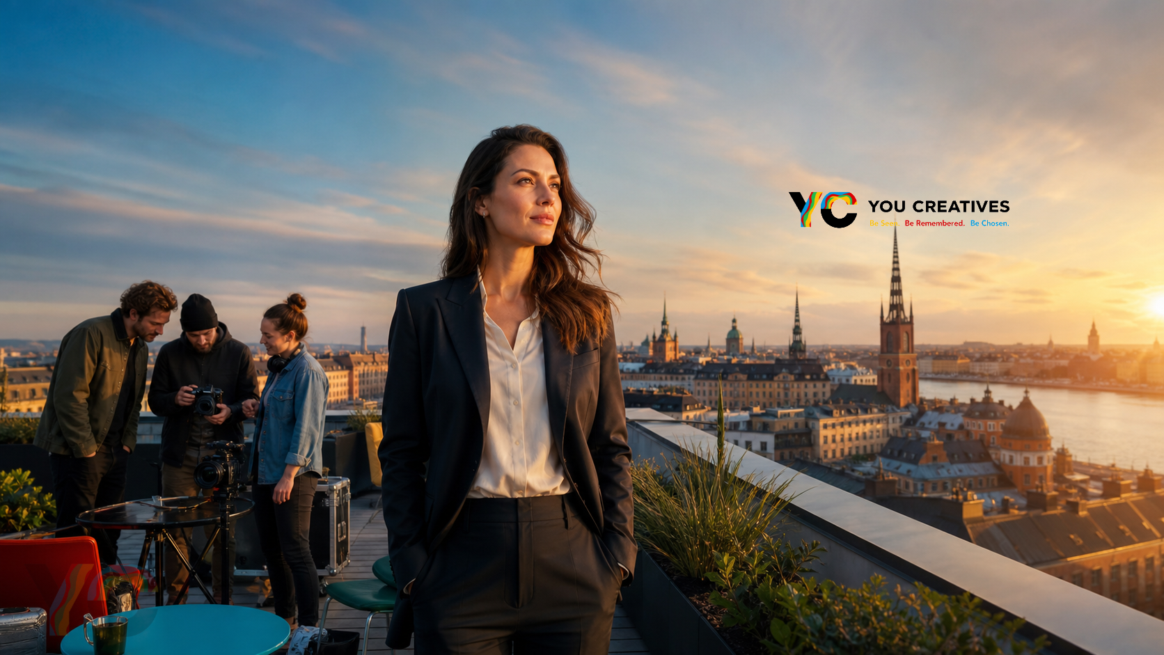 Founder being filmed on a Stockholm rooftop at sunset with a production crew and the city skyline behind