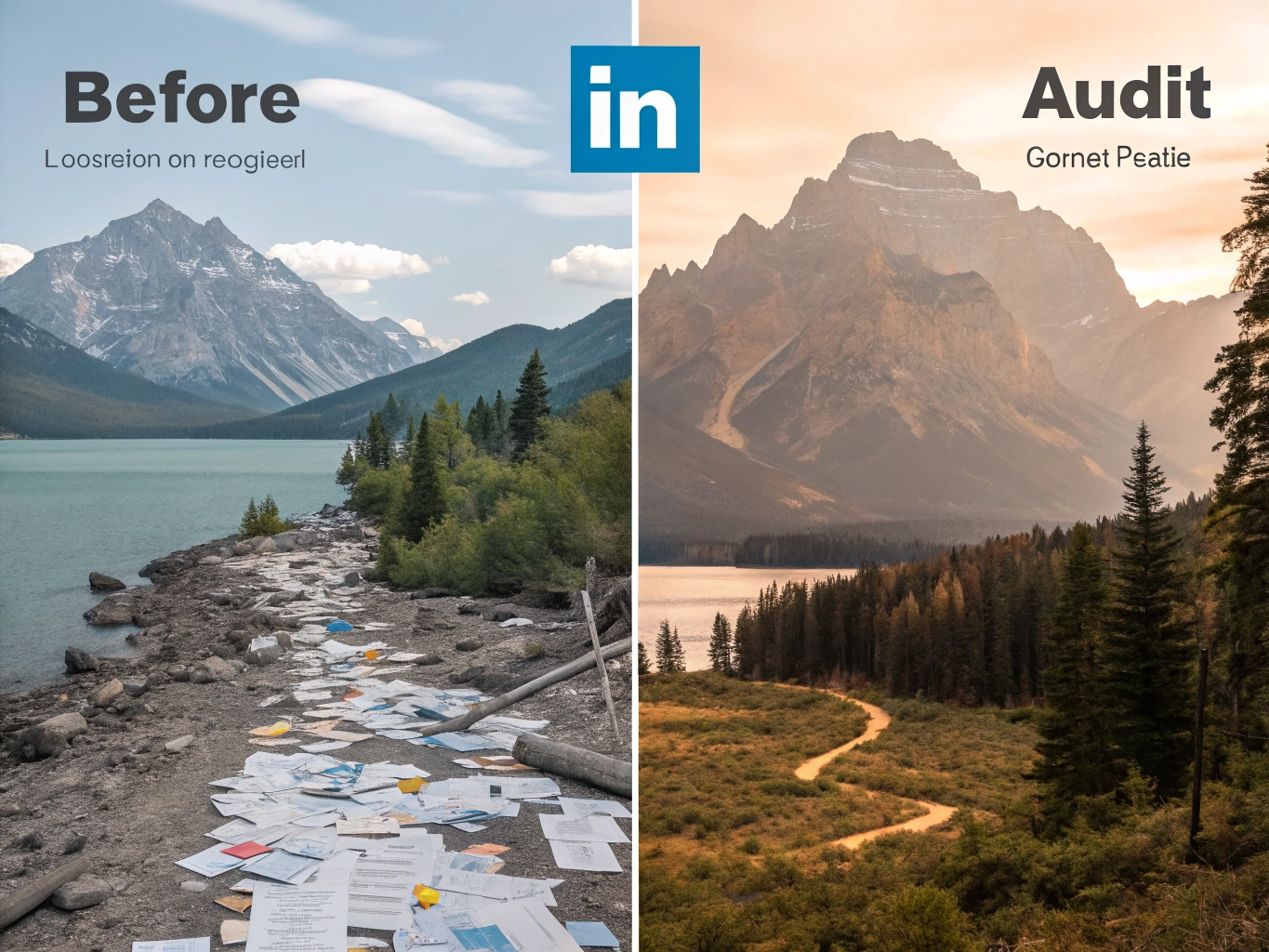 Two landscape photographs side by side: a mountain lake with a rocky stream, and a forest road at sunset