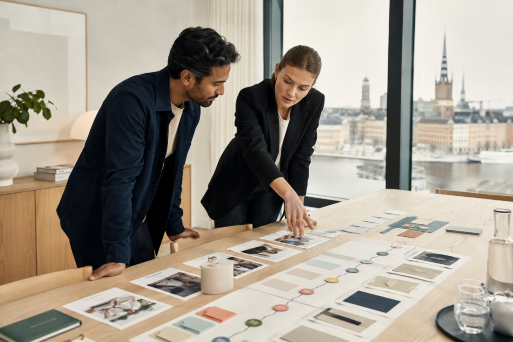 Two colleagues reviewing printed page layouts on a table in a Stockholm office with the city skyline behind them
